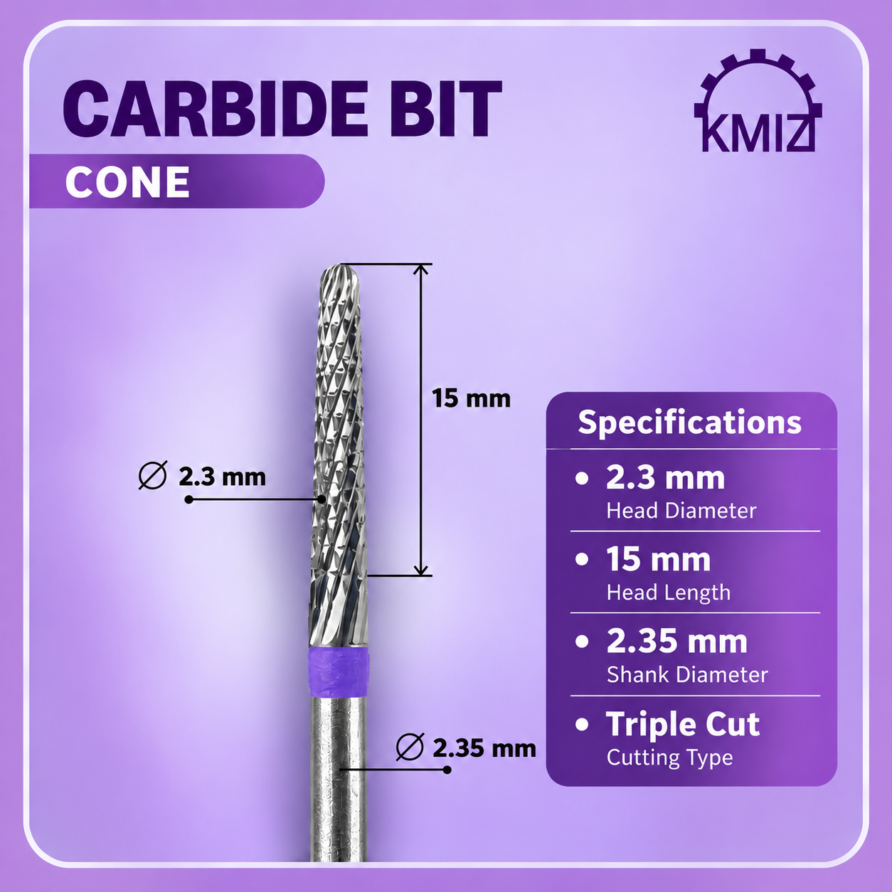 KMIZ Carbide Purple Nail Bit Cone 023C-MT L15 – Triple Cut