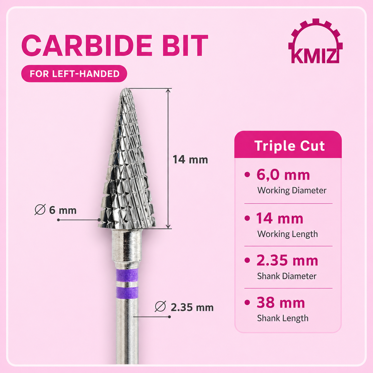 KMIZ Carbide Bit for Left Handed Nail Technicians, Triple Cut FKETL 060 L14